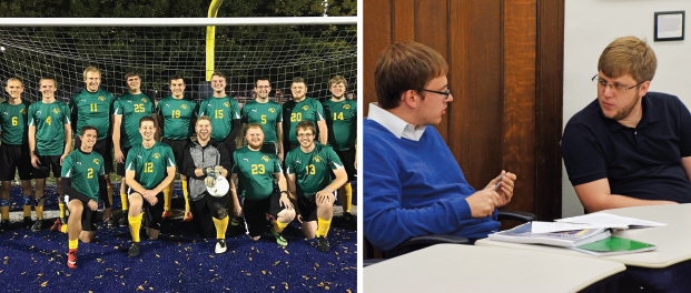Left: When he’s not in class, Niklas Brandt, front row far right, enjoys playing soccer on the Seminary’s team. Photo: Courtesy Niklas Brandt. Right: Exchange students Niklas Brandt, left, and Gabriel Schmidt Sonntag discuss topics covered in Homiletics II, a class taught by Dr. David Schmitt, the Gregg H. Benidt Memorial Professor of Homiletics and Literature. Photo: Jackie Parker