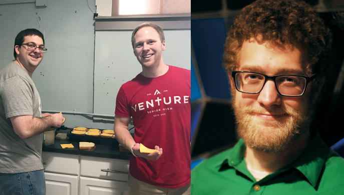 Left photo: From left, Vicar Bill Grueninger and Aaron Littmann, director of youth ministry, at St. Peter’s Lutheran Church in Columbus, Ind., prepare grilled cheese sandwiches for high school students Feb. 23, 2017. Photo: Jane Littmann. Right photo: Seminarian Trevor Freudenburg is serving his vicarage at Bethlehem Lutheran Church in Lakewood, Colo. Photo: Emily King